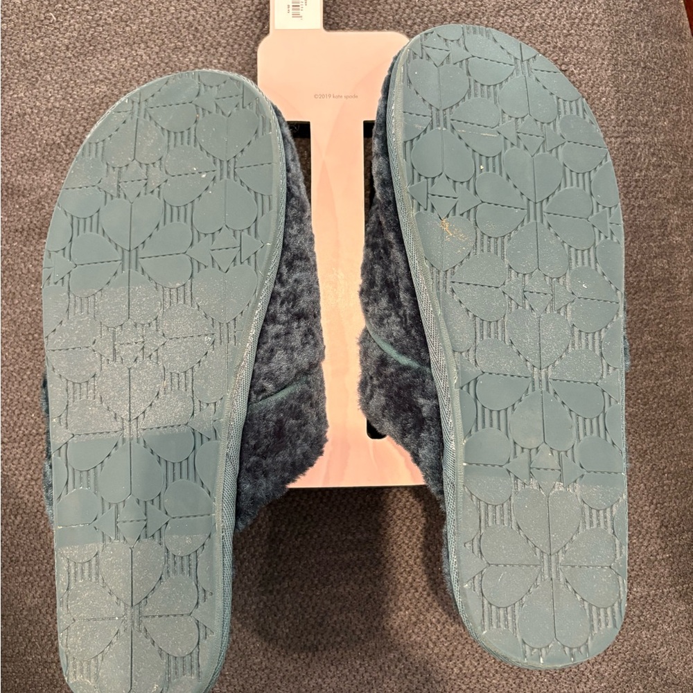 Kate Spade Teal Fuzzy Slippers with Bow - Picture 3 of 7